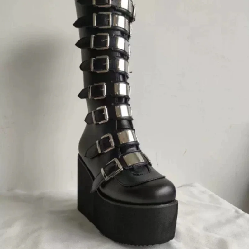 Qengg New Women's Martin Boots Fashion Wedge Knee-Length Metal Buckle High Heels Casual Platform Comfort Goth Boots Platform Boots