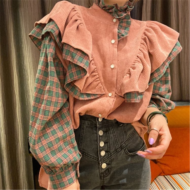 Retro Pink Plald Patchwork Shirts Women Tops Fall Korean Style Casual Loose Ruffled Long Sleeve Femme Shirts Fasion Design Shirt - BlackFridayBuys