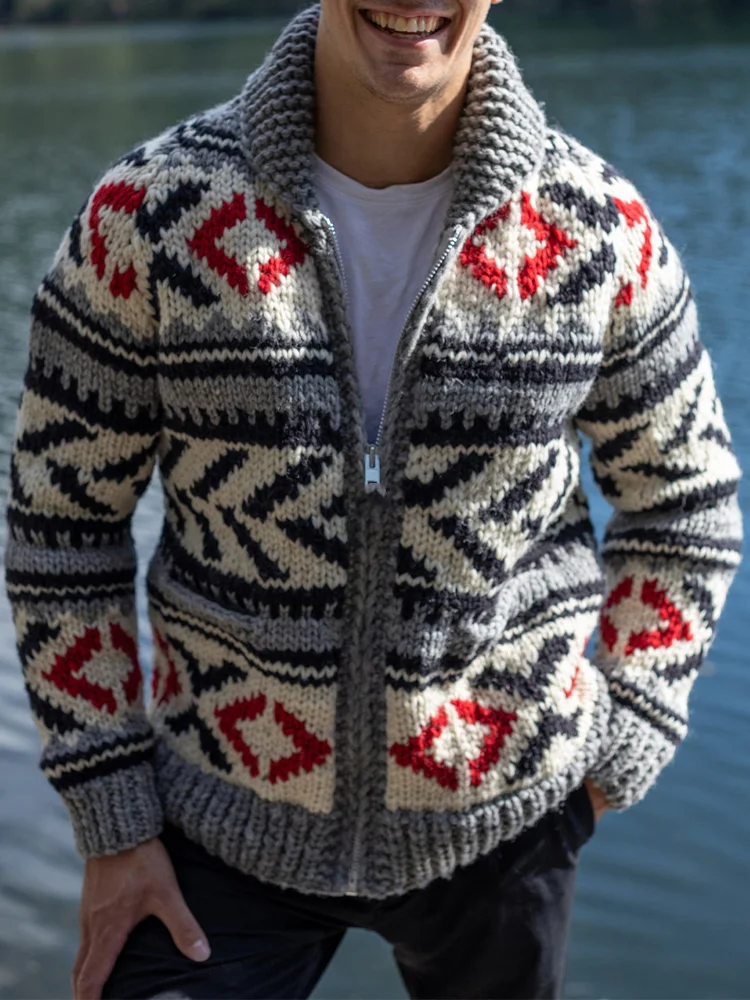 Utbros Men's Geometric Pattern Cozy Knit Cardigan