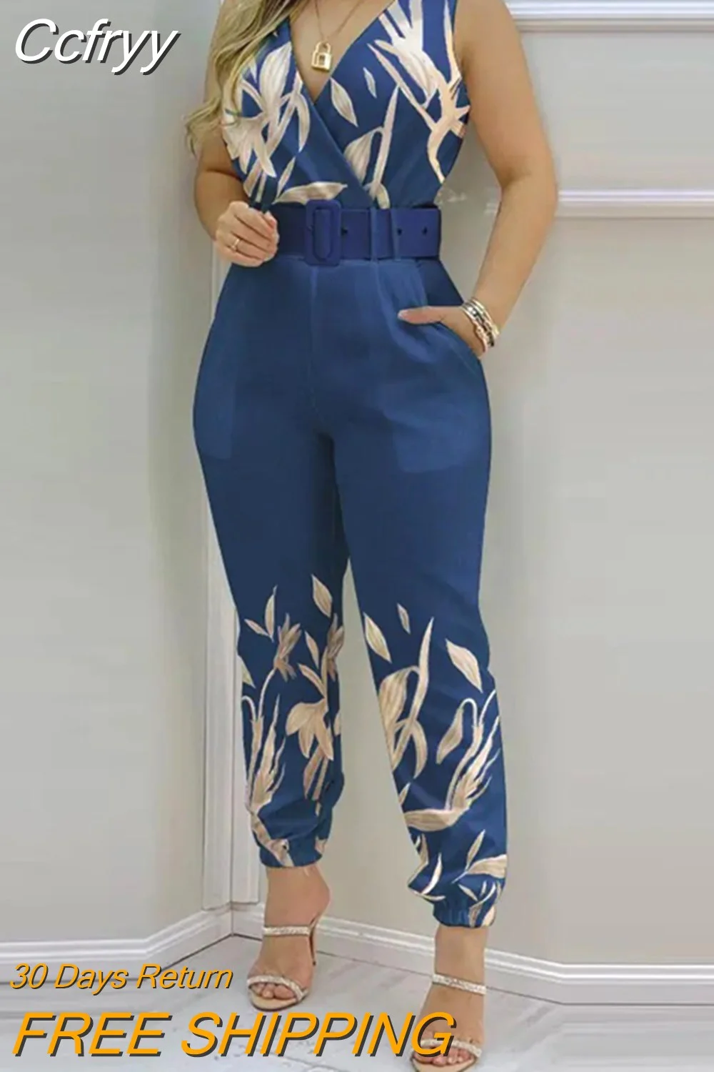 huibahe Jumpsuit Women Sexy V Neck Sleeveless Fashion Print Belt Long Pants Rompers For Women Elegant Office Ladies Jumpsuits