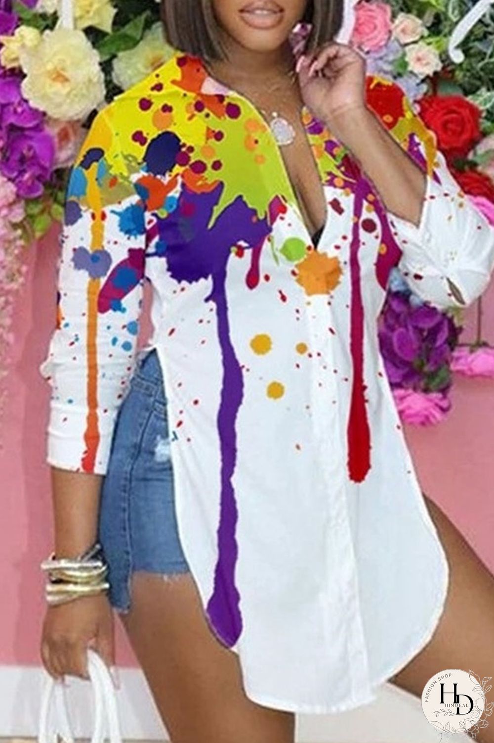 Black Pink Casual Print Patchwork Slit Turndown Collar Tops