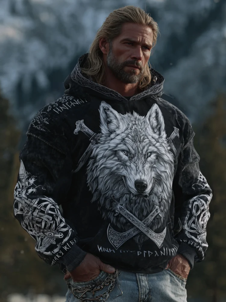 Men's Viking Style Wolf Celtic Knot Thickened Washed Hoodie