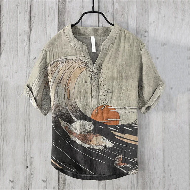 Vintage Dog Cat Surfing Japanese Huge Waves Art Print V-Neck Short Sleeved Shirt