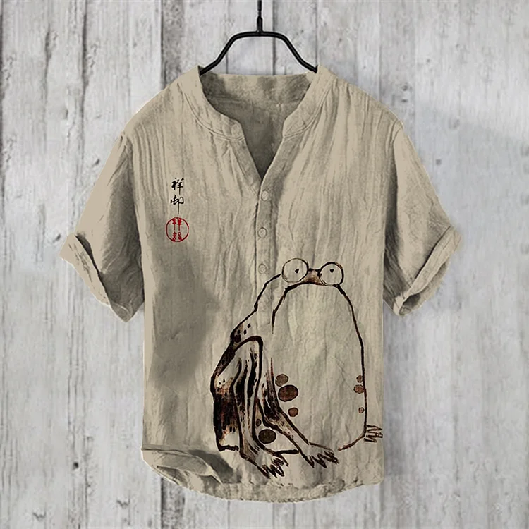 Men's Retro Angry Frog Japanese Art Linen Henry Collar Shirt