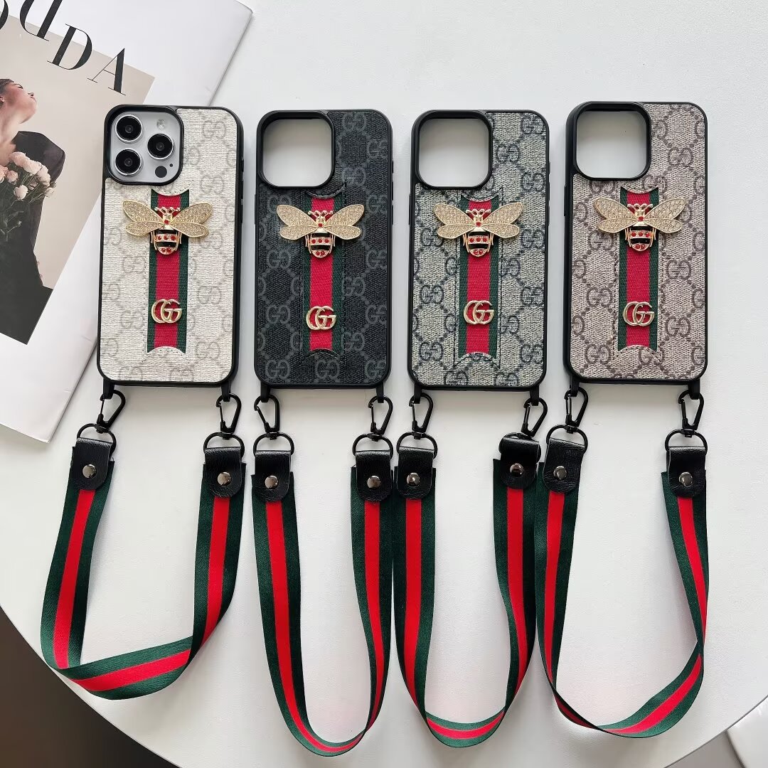 Gucci Ribbon Hand Rope 3D Bee Ophidia GG Apple iPhone16 ~11 Case Samsung Cover