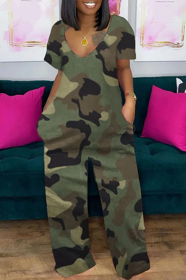 Plus Size Camo Short Sleeve Pocket Jumpsuit