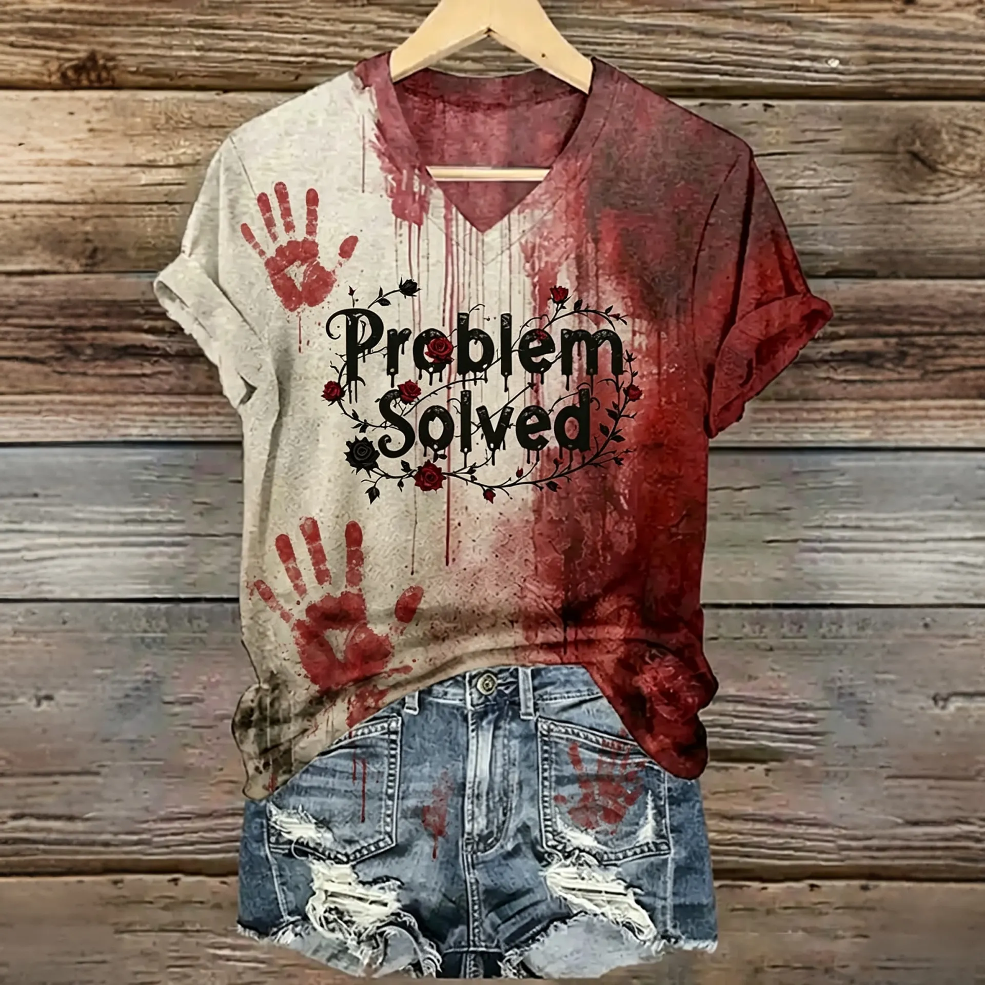 Women's Vintage Halloween Bloody Problem Solved With Rose Bloody Hands Art Printed Short Sleeve T-shirt