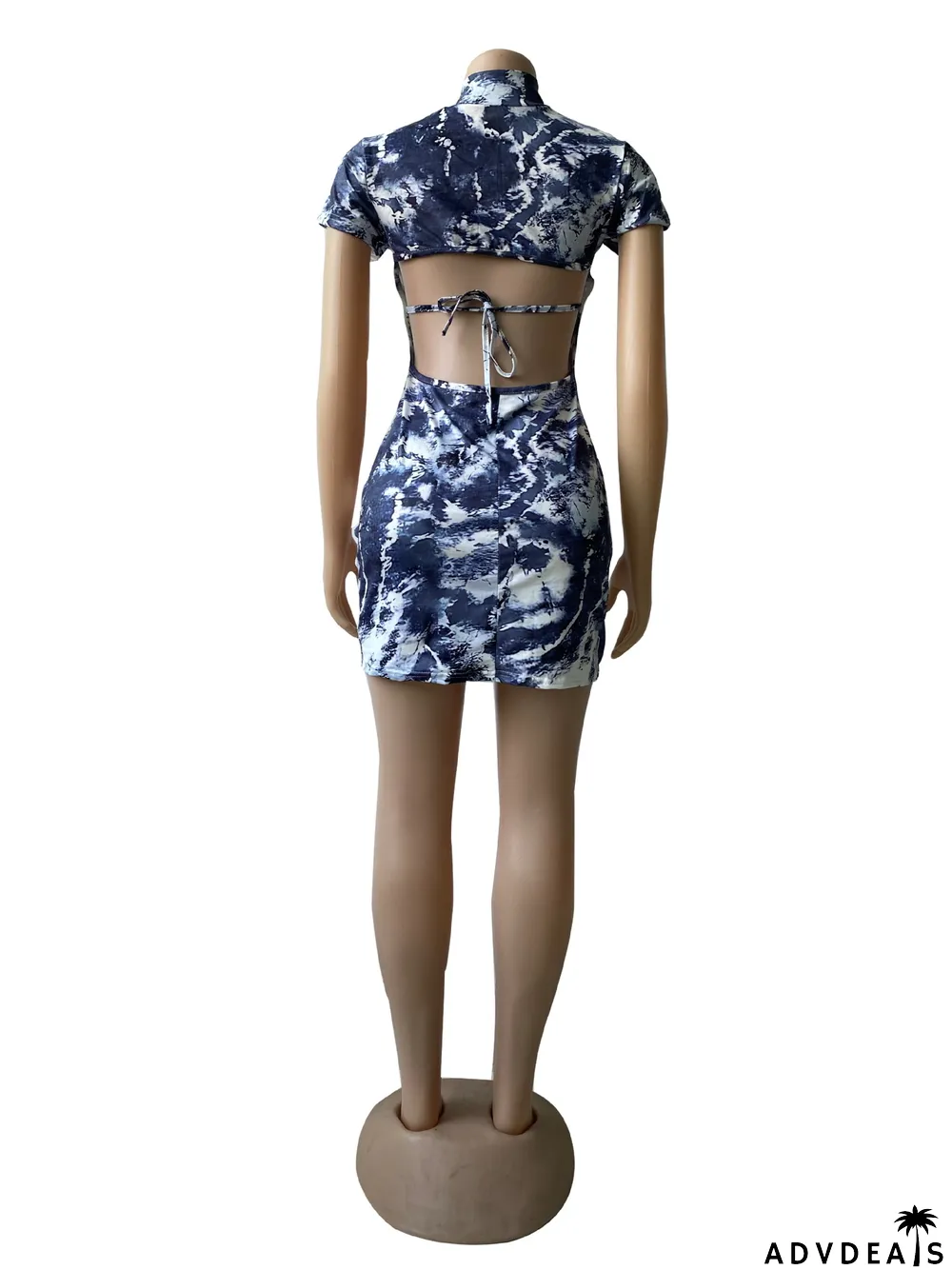 Tie Dye Print Backless Short Sleeve Mini Dress