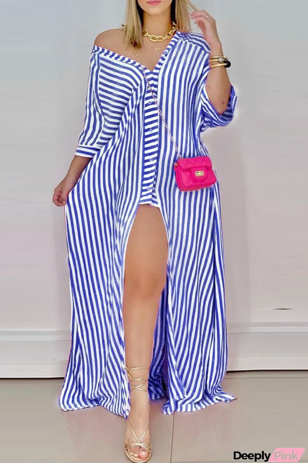 Blue Sexy Print Asymmetrical V Neck A Line Dresses