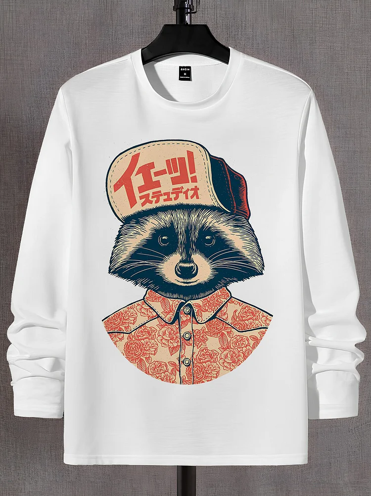 Men's Japanese Raccoon Illustration Print Cotton Long Sleeve T-Shirt Thin Sweatshirt