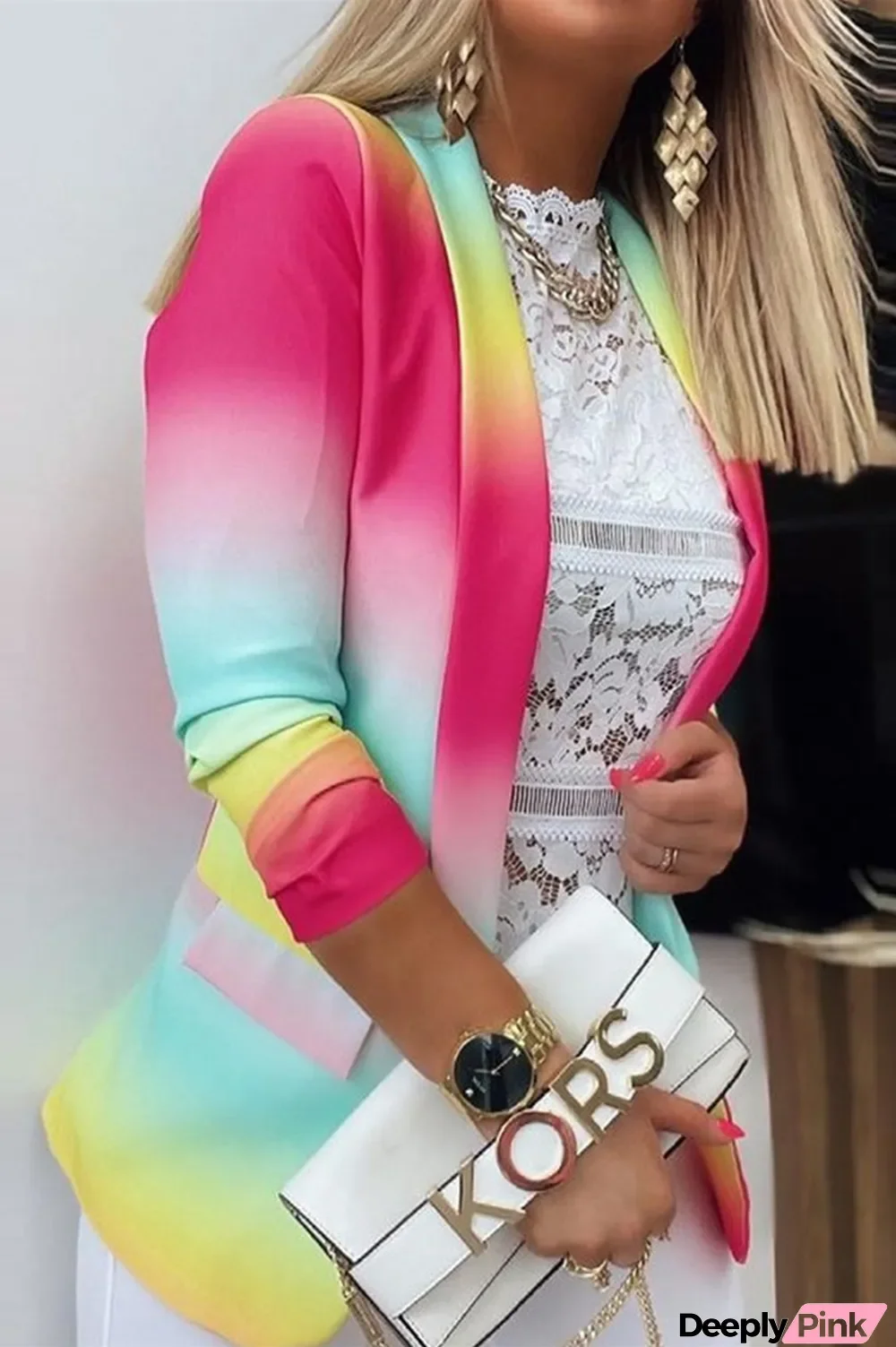 Rose Red Fashion Casual Gradual Change Print Cardigan Turn-back Collar Outerwear