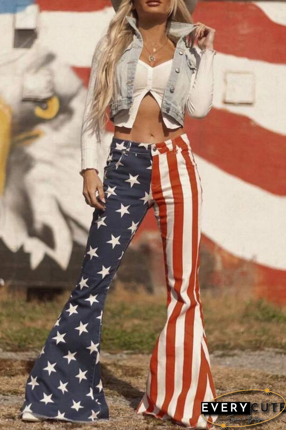 Blue White Casual Striped The stars Patchwork Regular High Waist Speaker Patchwork Trousers