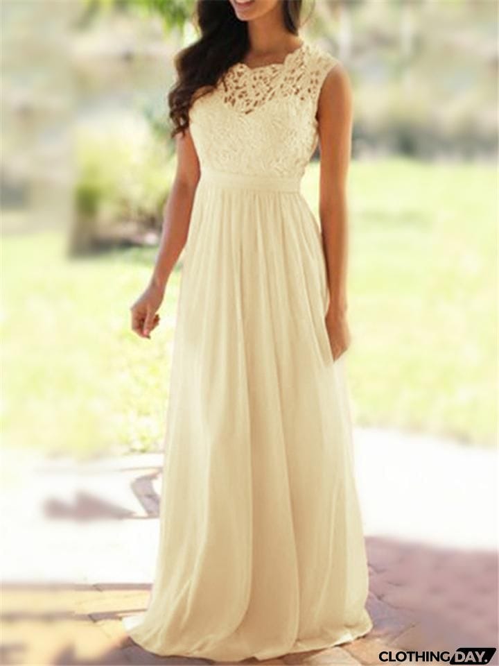 Flattering Fitted Waist Floral Lace Bodice Chiffon Dress for Prom