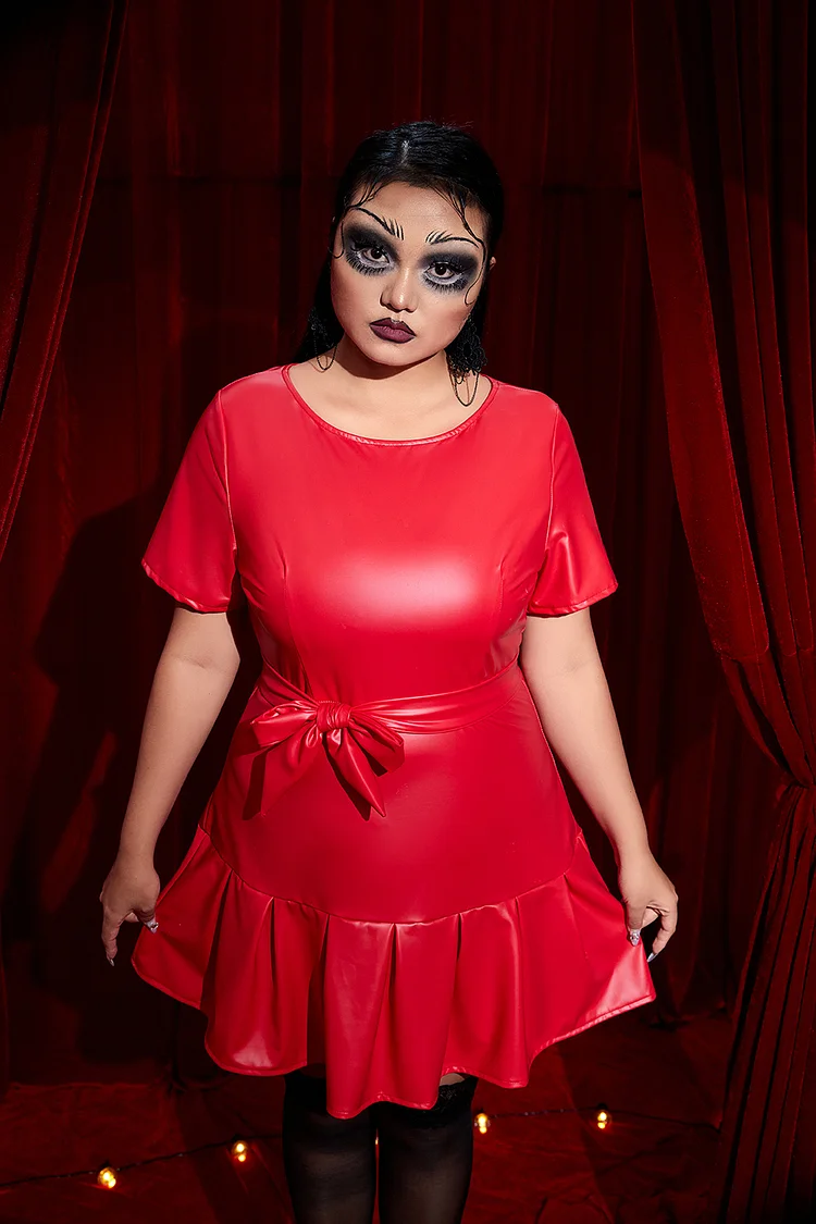 Xpluswear Design Plus Size Halloween Costume Red Pu-Leather Short Sleeve Wrap Mini Dress 