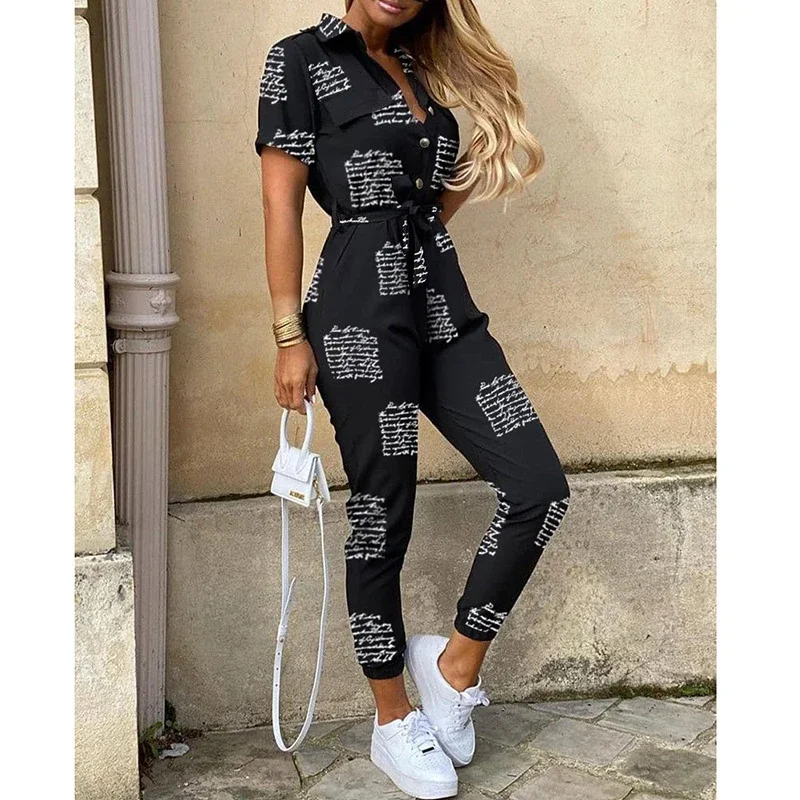 Women's Casual Lapel Printed Belt Tooling Jumpsuit Casual Suit