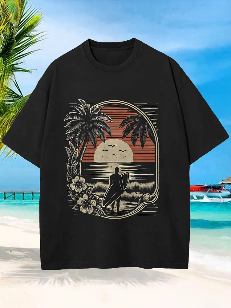 Men's Beach Surfing Vacation Print Cotton Washed T-Shirt