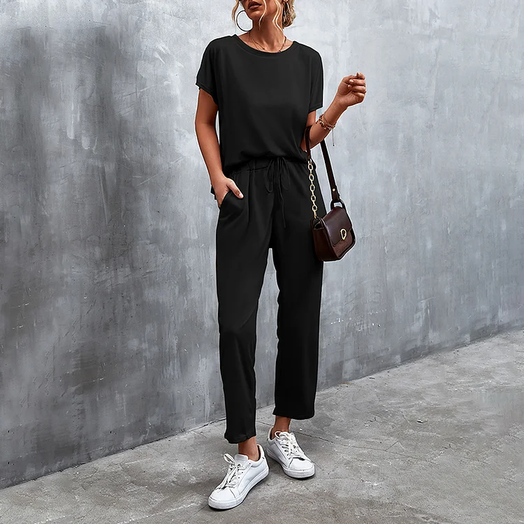 Casual Solid Color Round Neck Short Sleeve Two Piece Set