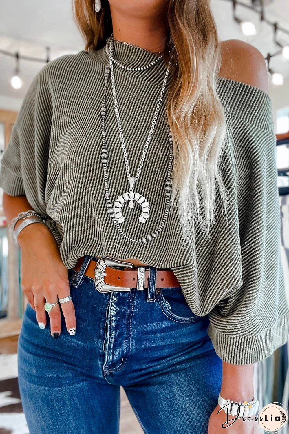 Cozy Gray Boatneck Batwing Sleeve Ribbed Blouse