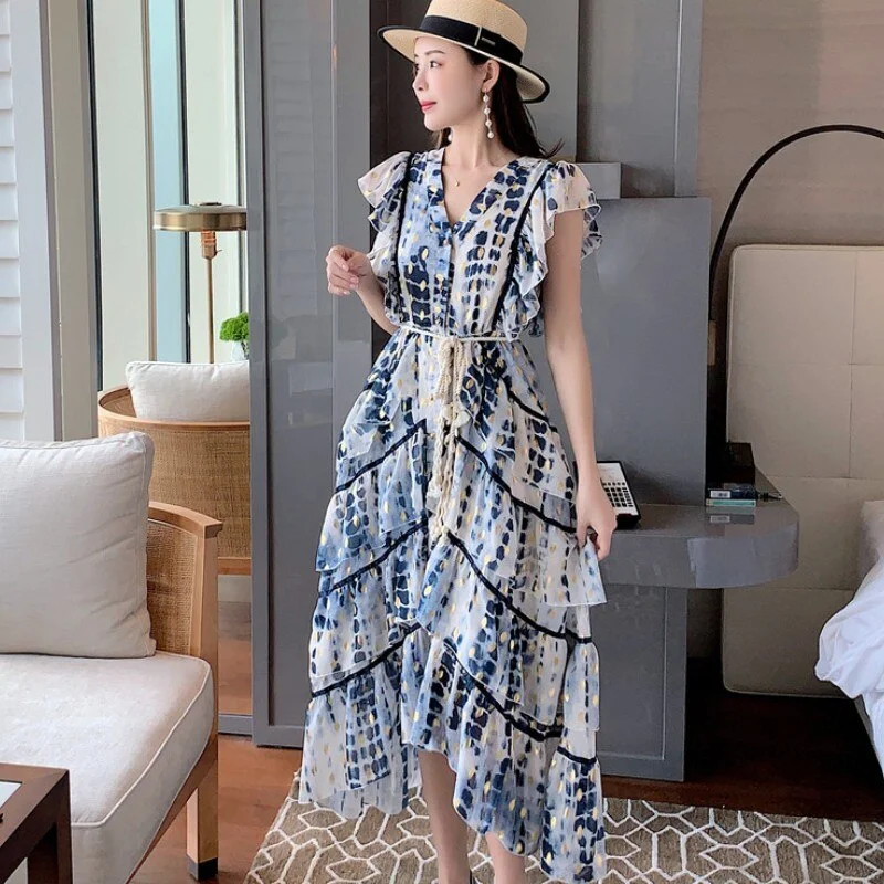 Runway Elegant Boho Party Dresses 2021 Vintage Women Single-Breasted Ruffles Casual Beach Vacation Midi Dress Robe