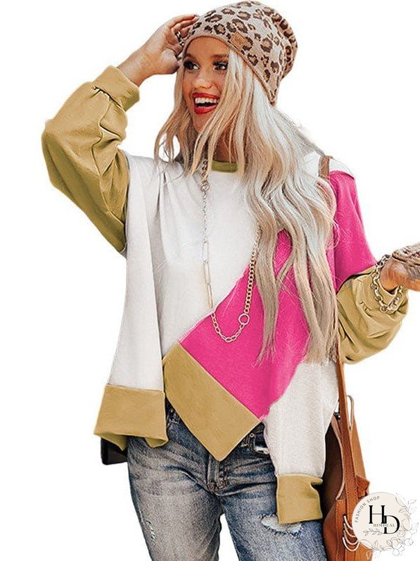 Knit Sweatshirt With Irregular Color Blocking - Women'S Loose Fit Long Sleeve Top