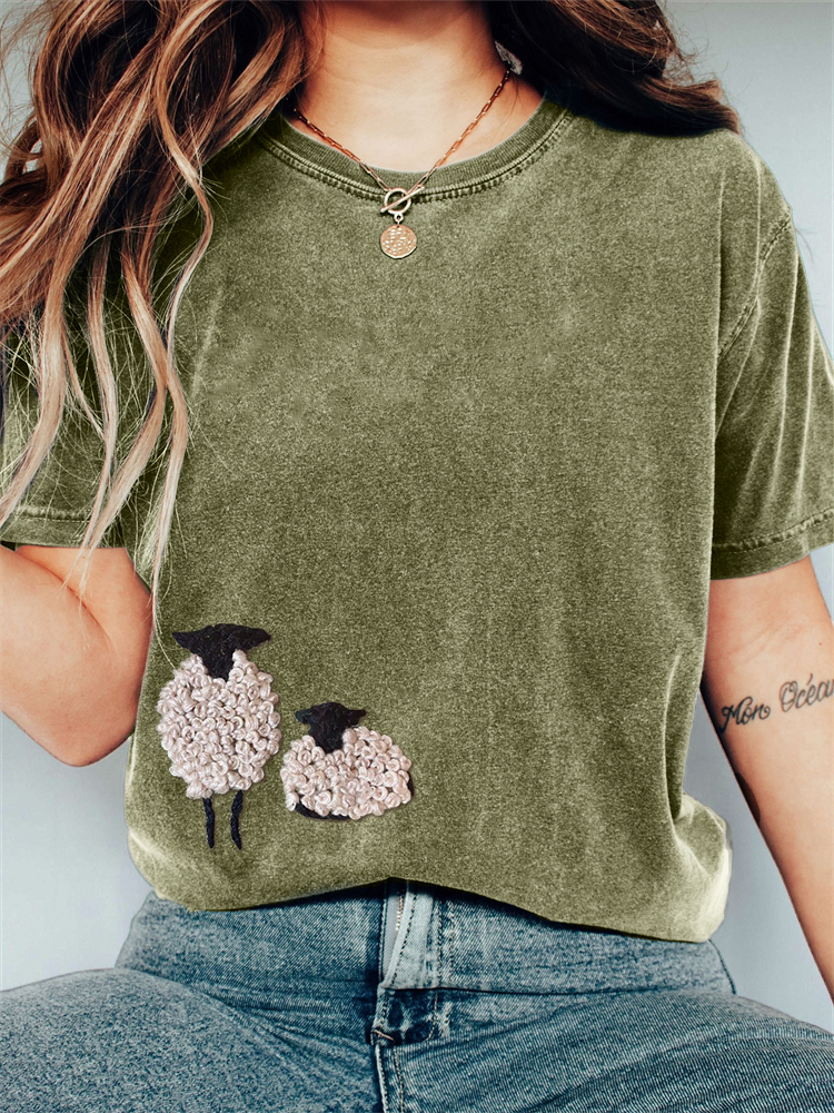 Comstylish Fuzzy Sheep Embroidered Vintage Washed T Shirt