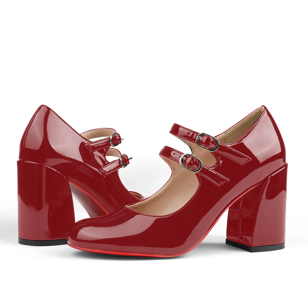 85mm Women's Chunky Heels Red Bottom Shoes Comfortable Miss Jane Block Heel Patent Pumps-MERUMOTE