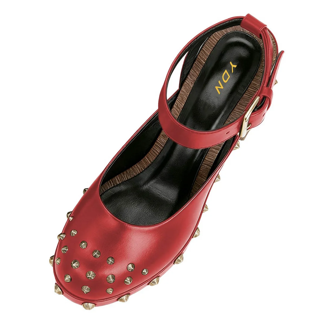 Women's Red Buckle Ankle Strap Studded Pumps Shoes with Platform