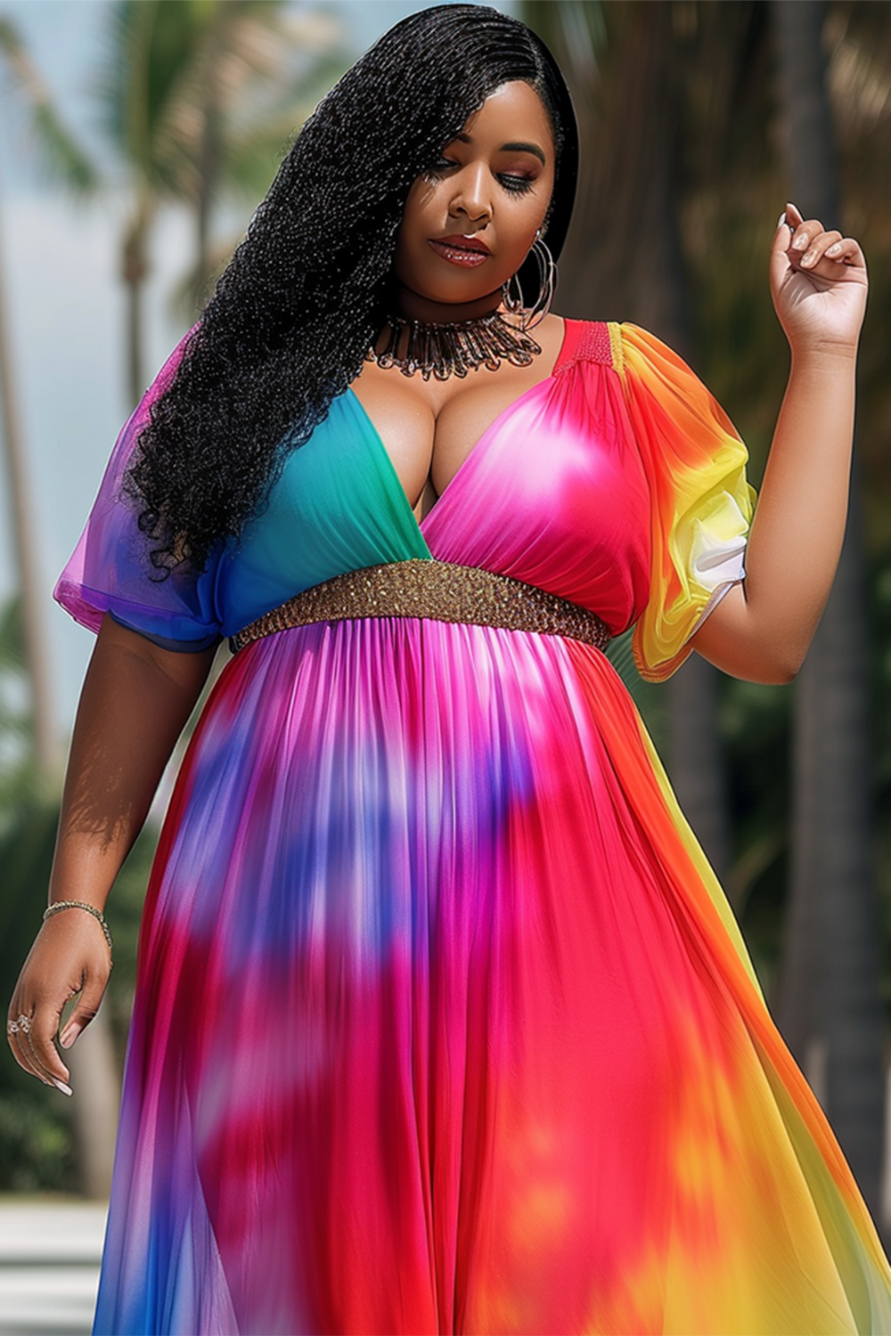 Design Plus Size Vacation Colorful Tie Dye V Neck Short Sleeve Maxi Dress [Pre-Order]