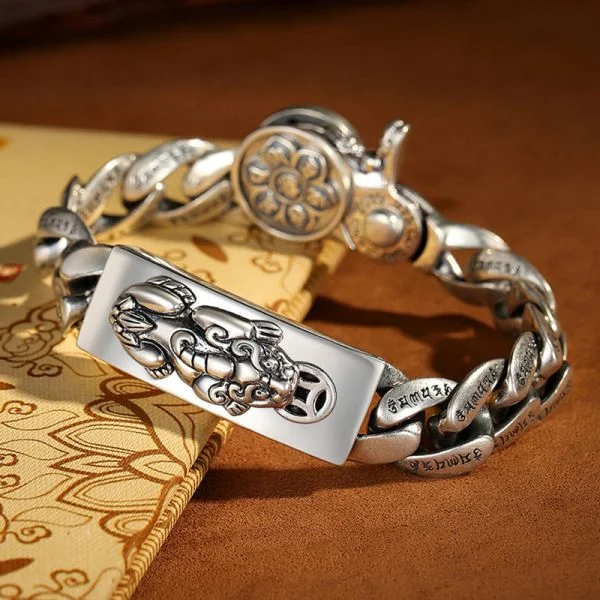 Sterling Silver Buddhist Mantra Pixiu Curb Chain Bracelet