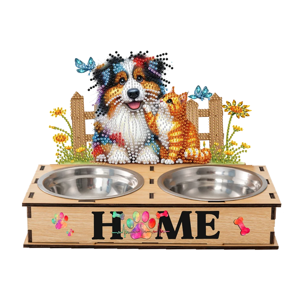Diamond Painting Food Bowl with Wood Stand Diamond Art Dog Bowl for Small Dogs