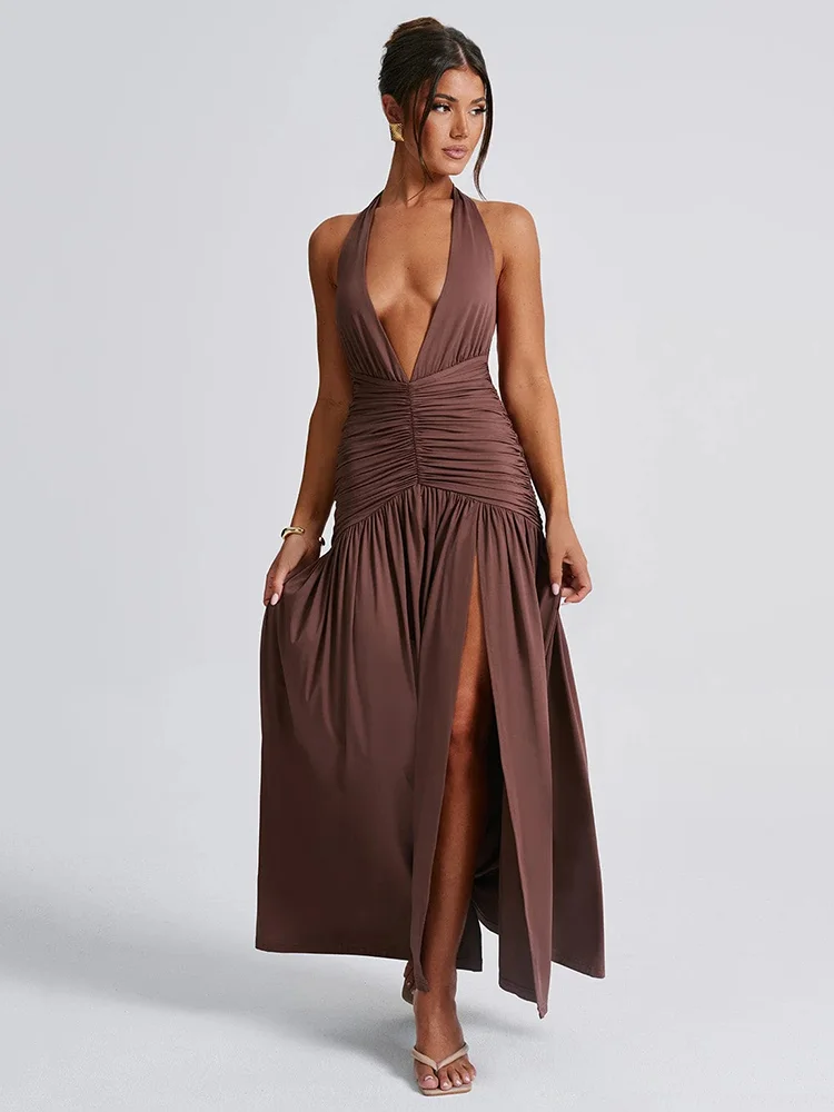 Halter Deep V Neck Backless Maxi Dress Fashion Solid Sleeveless Thigh High Split Sexy Long Dress