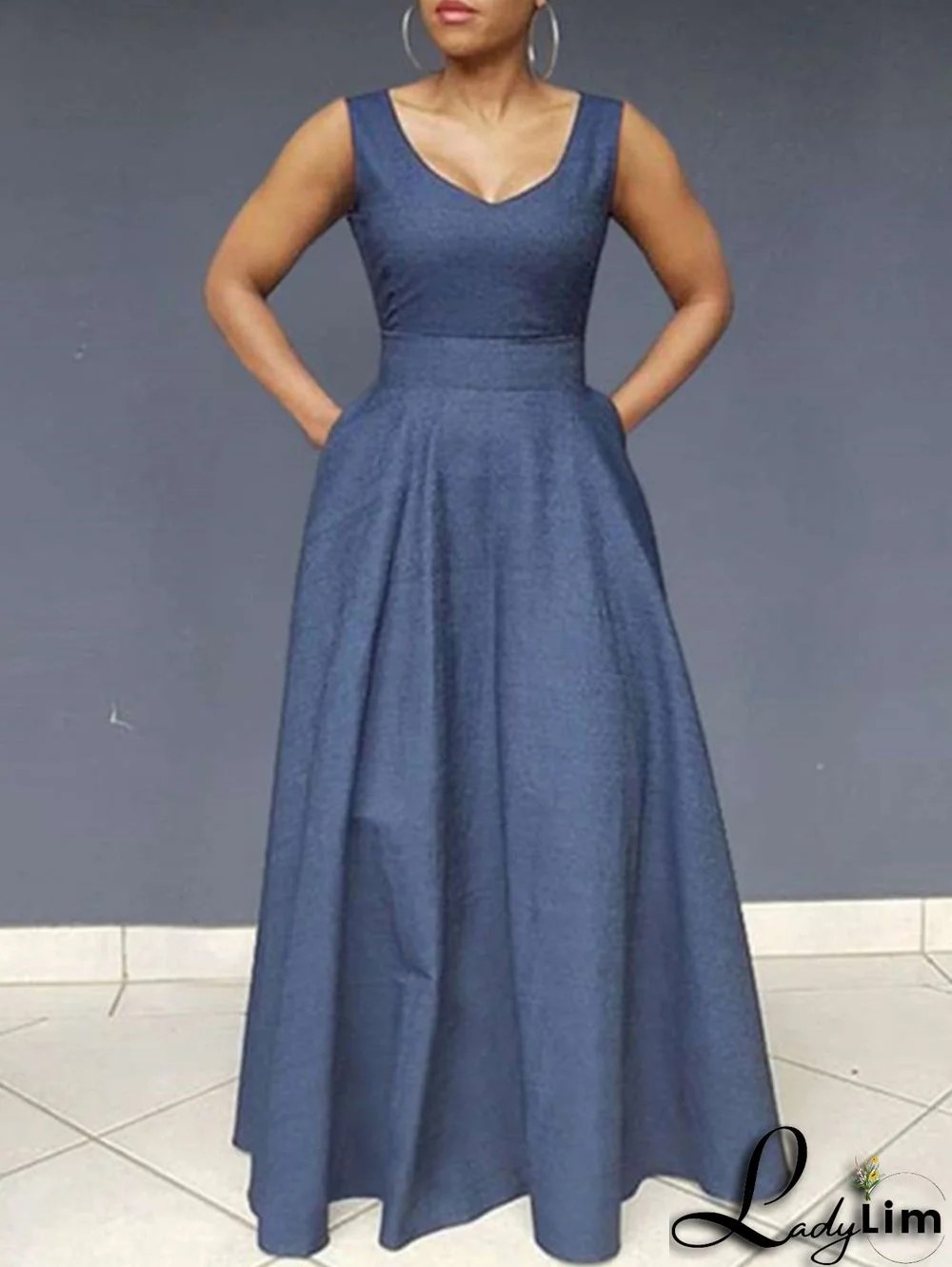 Elegant V Neck Pocket Plain A-Line Denim Tank Maxi Dress