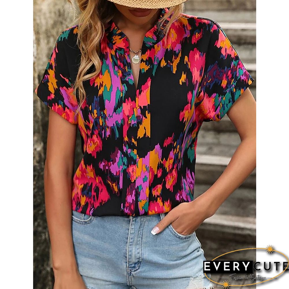 Red Multicolor Floral Printed Short Sleeve Top
