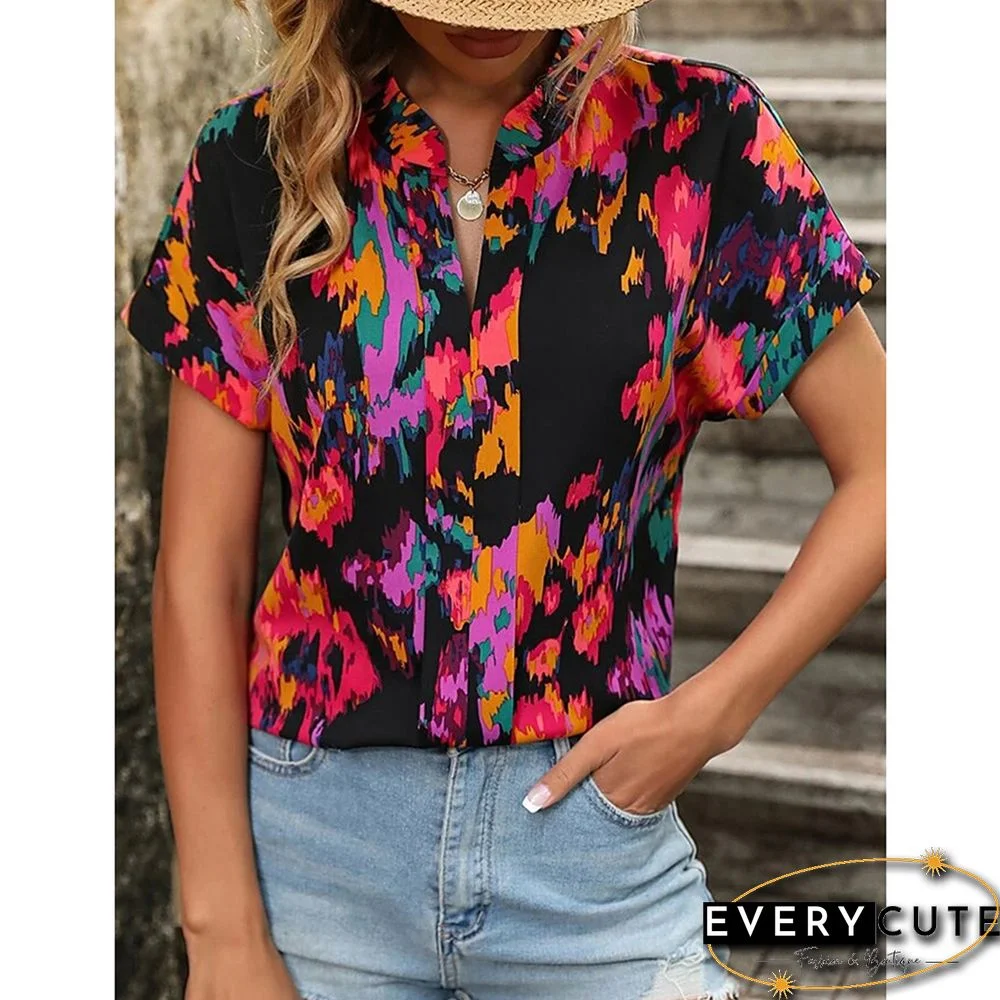 Red Multicolor Floral Printed Short Sleeve Top