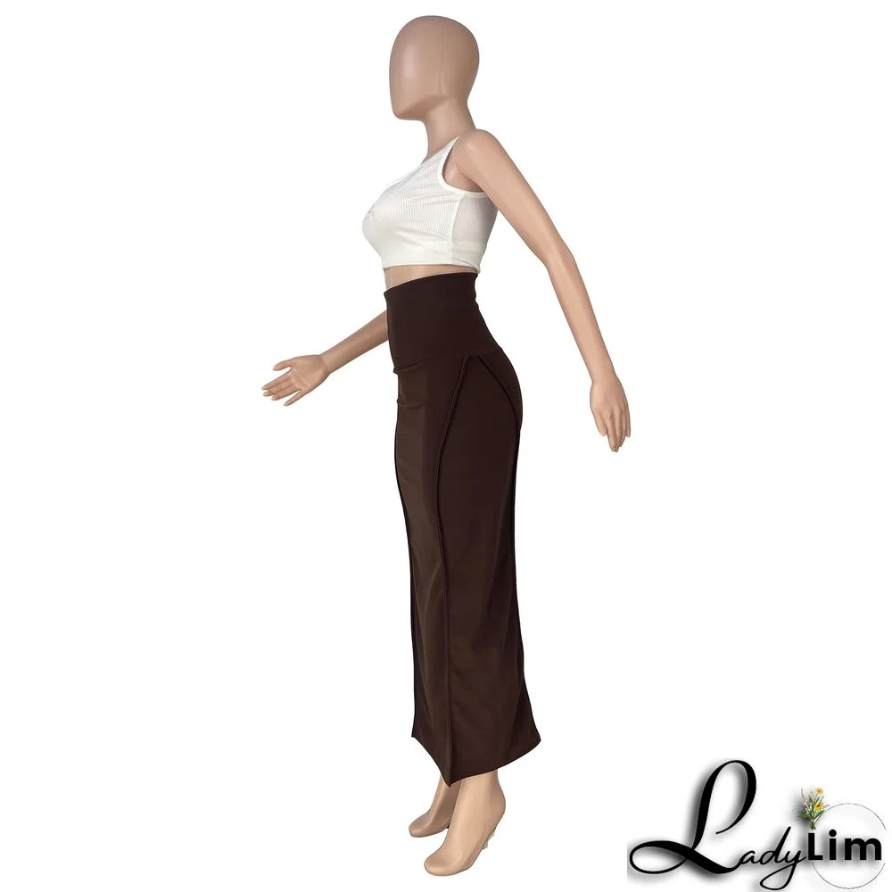 Women's Fashion Solid Color High Waist Elastic Tummy Control Patchwork Car Trim Maxi Dress