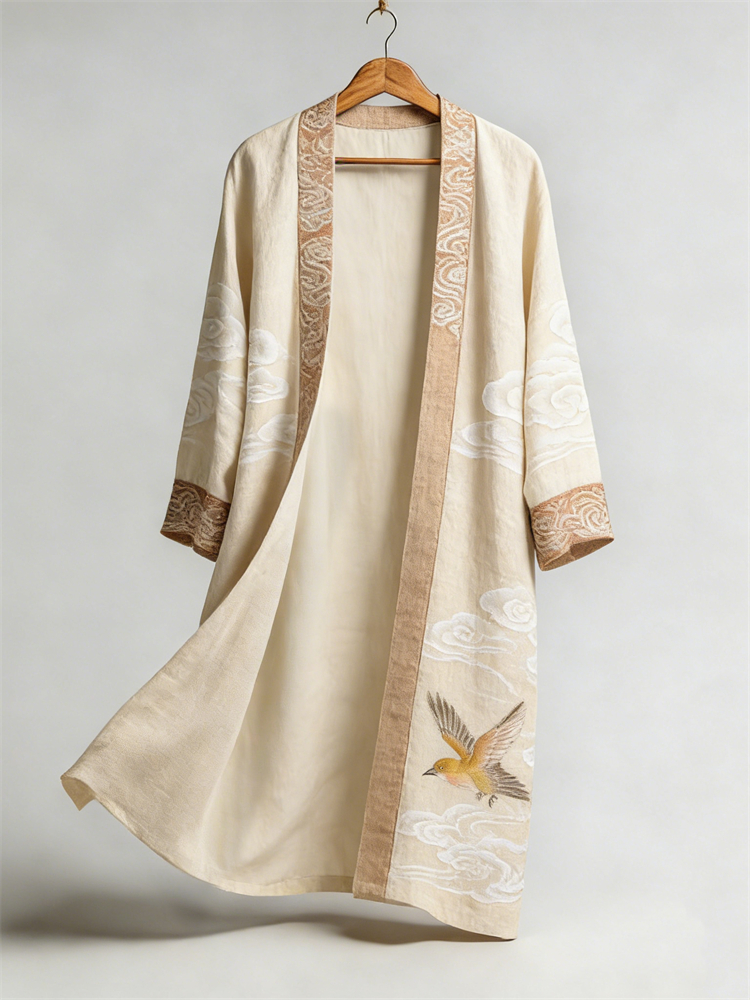 Japanese Bird & Clouds Traditional Flowy Linen Kimono  artssus