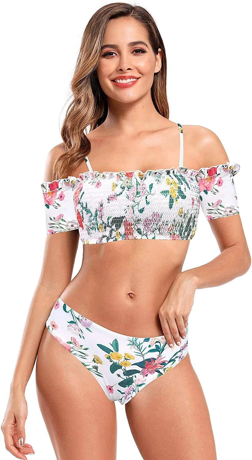 Women's Shirred Off-Shoulder Bikini Set Floral Print Two Piece Swimsuits
