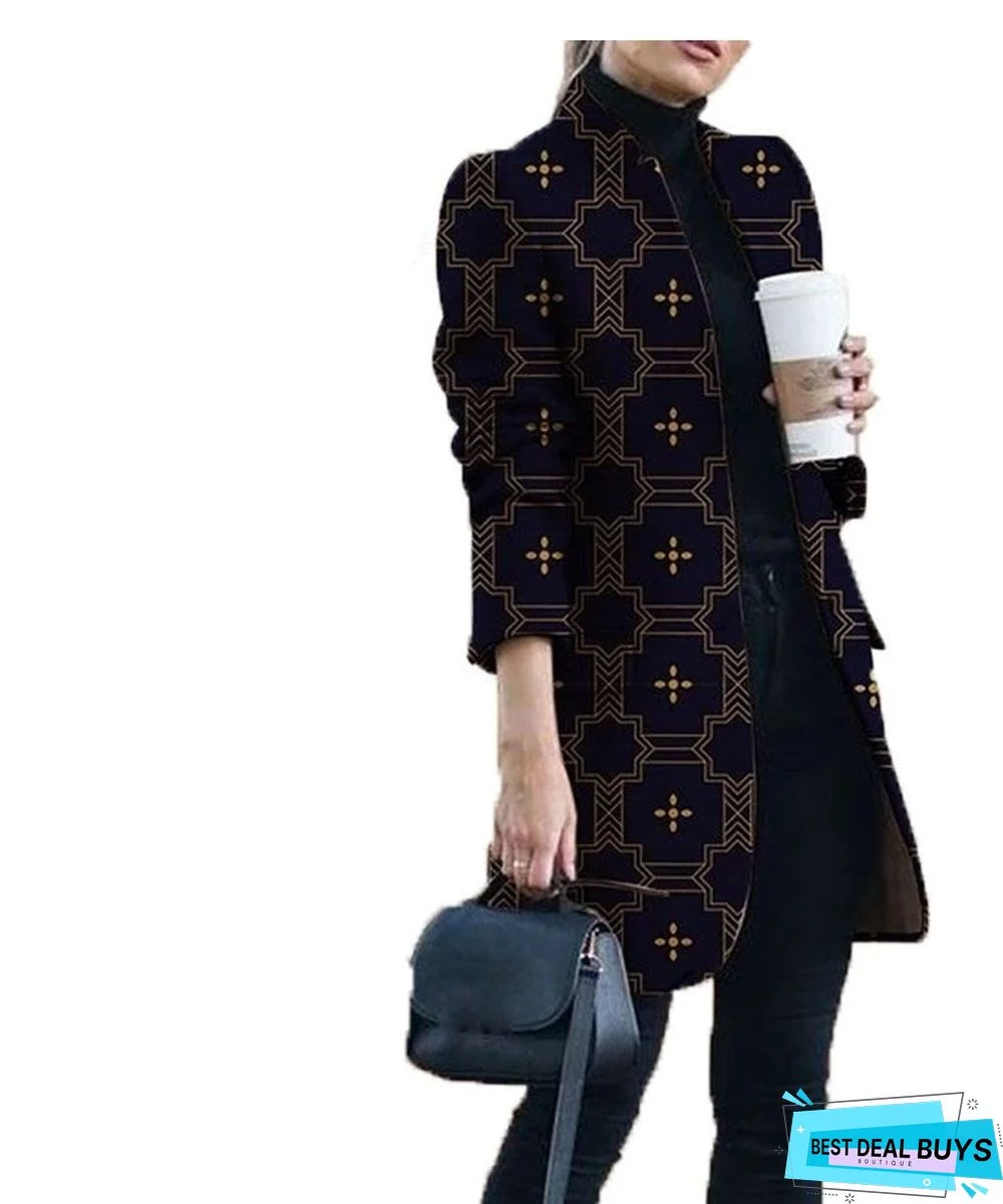 New Autumn and Winter Fashion Print Collar Woolen Coat Women