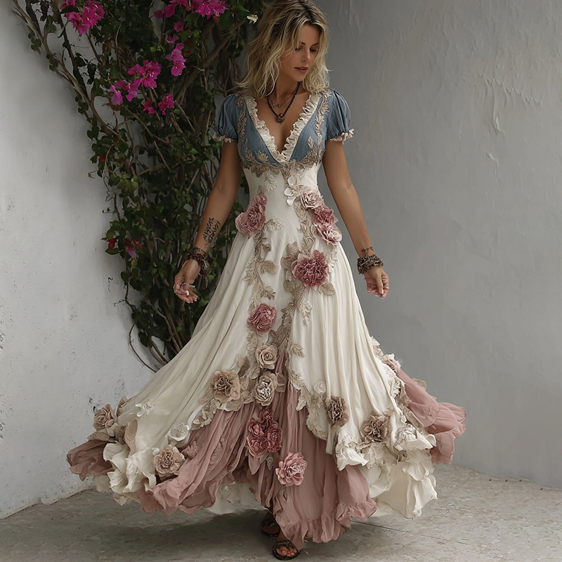 Women's Romantic Rose Embroidery Art Patchwork Flowing Linen Blend Maxi Dress wearshes