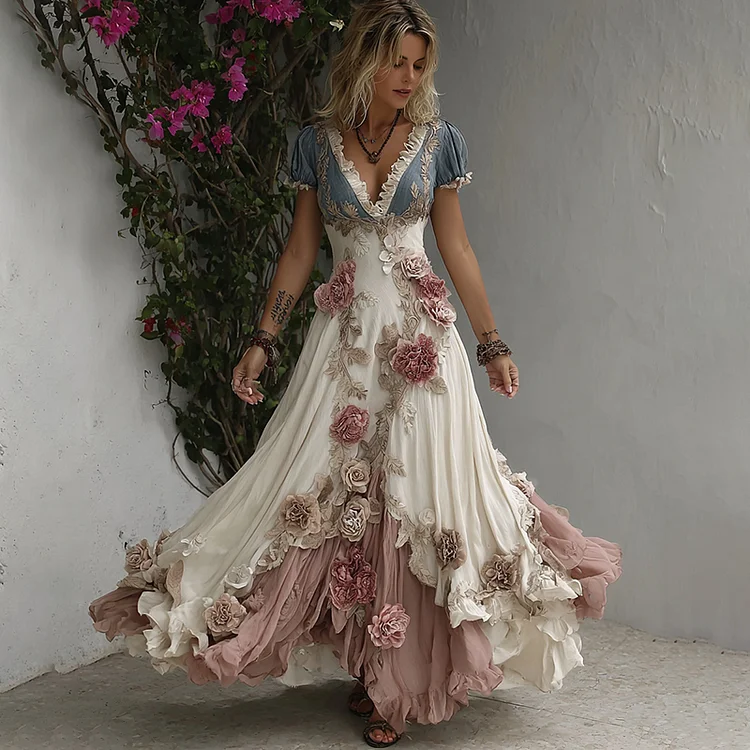 Women's Romantic Rose Embroidery Art Patchwork Flowing Linen Blend Maxi Dress