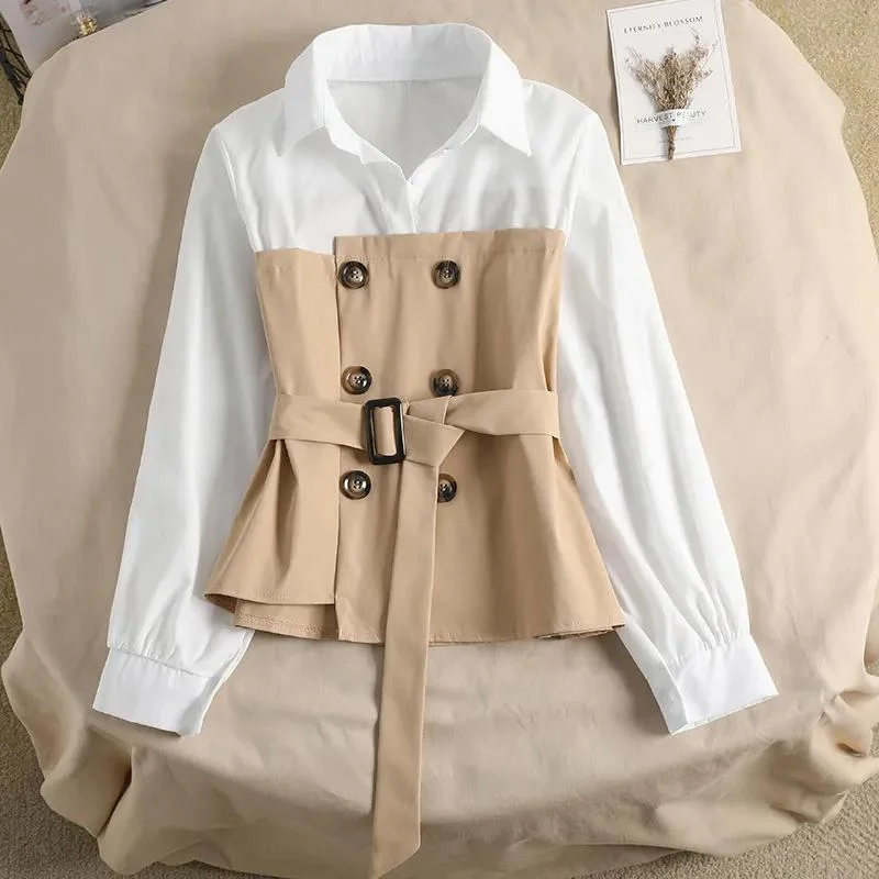 blouse shirt female 2022 spring new style Korean fashion bandage fake two-piece splicing double-breasted POLO collar casual top