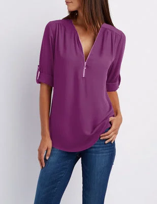 V-neck zipper sleeveless loose chiffon shirt