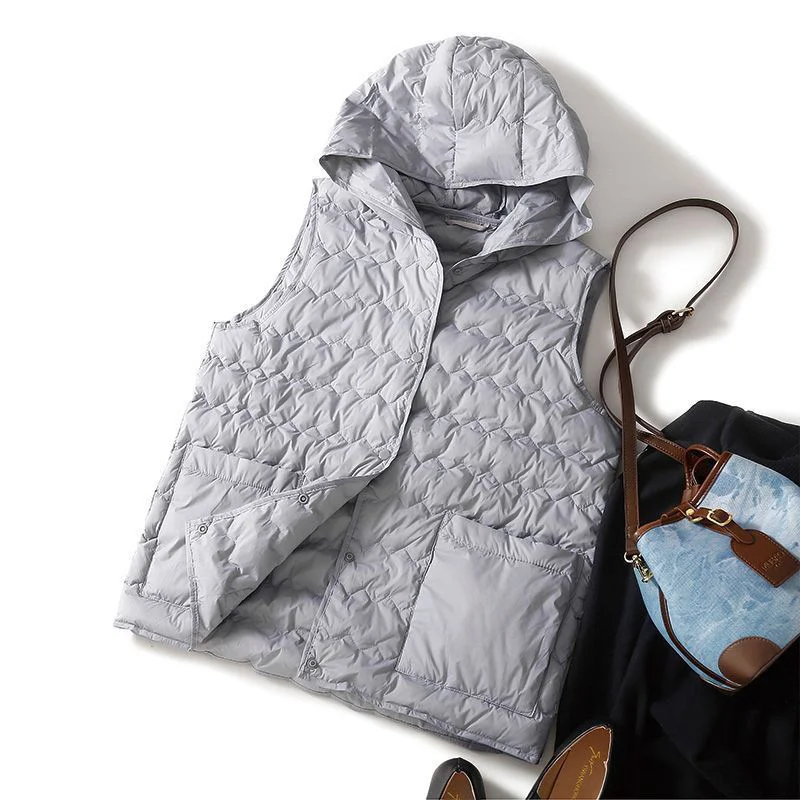 Toloer 90 White Duck Down Light Down Inside The Female 2024 Autumn / Winter New Fashion Hat Wavy Grain Casual Thermal Vest-Outfit Ideas