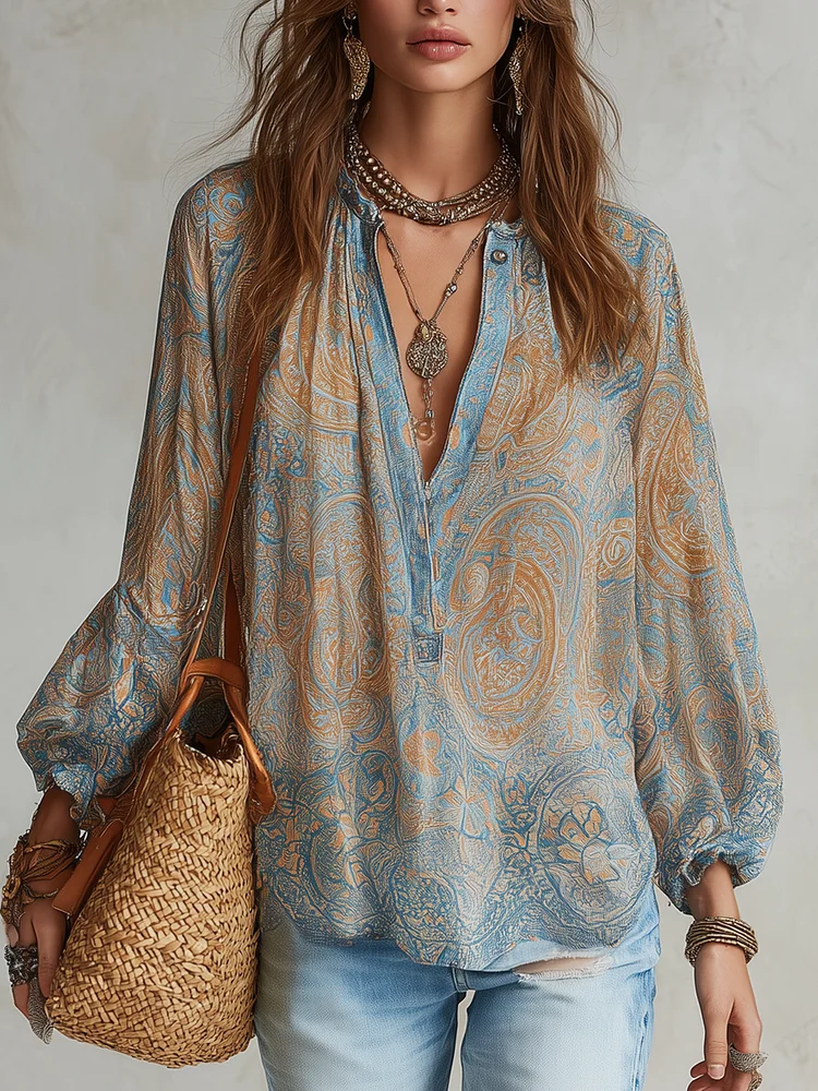 Blue And Gold Paisley Print Lantern Sleeve Shirt