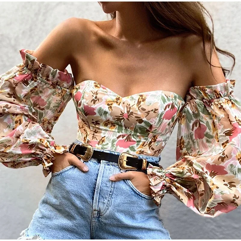 wsevypo Chic Women Floral Off Shoulder Blouse Tops Sexy Frill Long Lantern Sleeve Strapless Corset Tops Fashion Slim Fit Tops