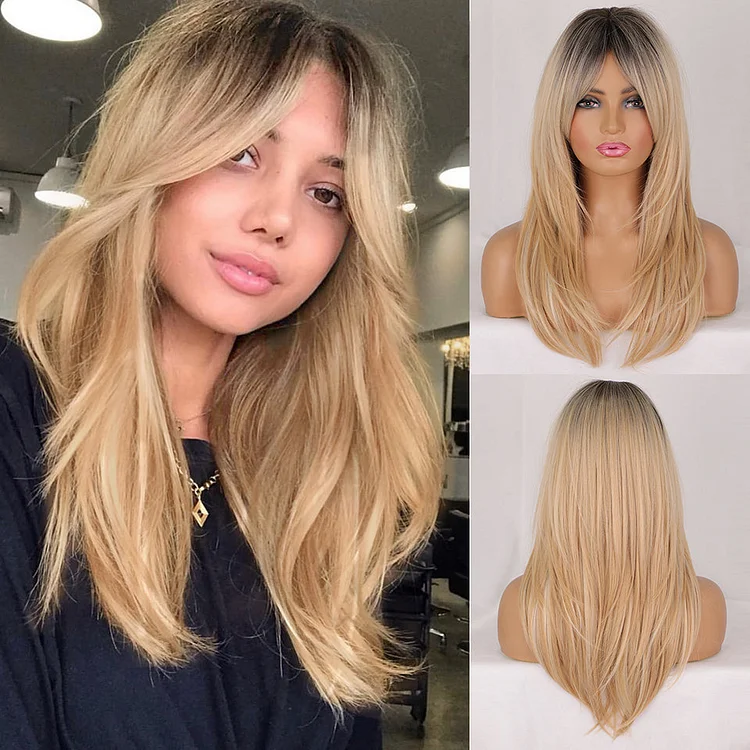 Ins Hot Ombre Blonde Wig with Bangs Long Curly Wig