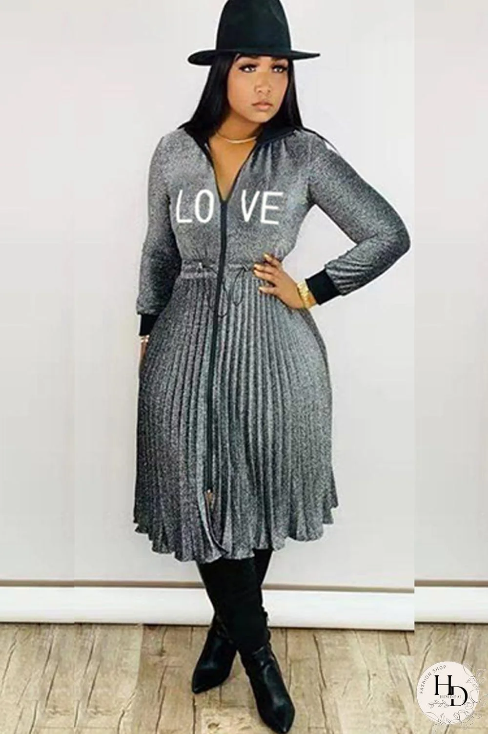 Grey Sexy Cap Sleeve Long Sleeves Turndown Collar pleated Knee-Length Character Solid Long Sle