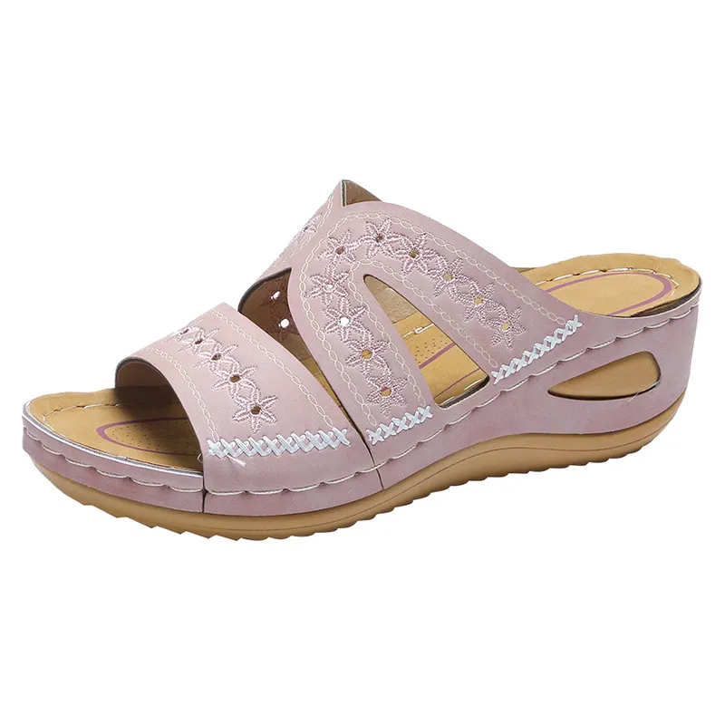 Breakj Breakj Women's Slope And Sewing Sandals Fish Mouth Thick Soles Hollow Large Size Shoes Embroidered Cool Slippers