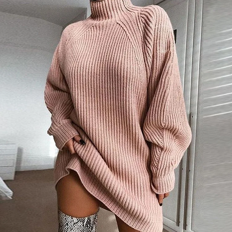 Cotton Turtleneck Raglan Sleeve Sweater Dress