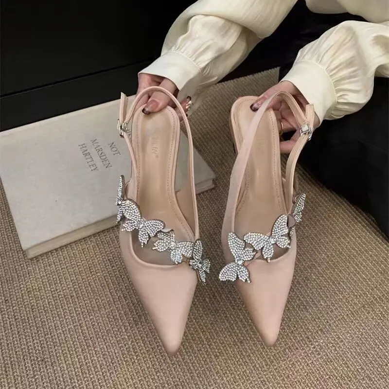 Breakj Breakj 2025 New Chinese Sharp Drill Head Sandals Women Butterfly Silk Satin High Heels Thin Heel With Single Shoes